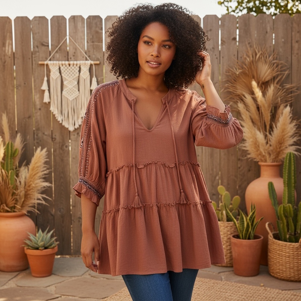 En Creme Women's Boho Top with Embroidery